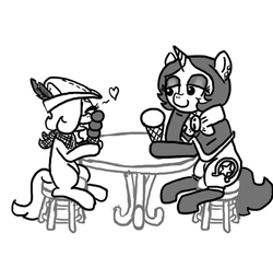 Size: 640x600 | Tagged: safe, artist:ficficponyfic, oc, oc only, oc:emerald jewel, oc:joyride, colt quest, colt, explicit source, foal, food, ice cream, male, table