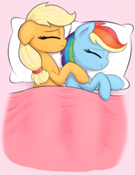 Size: 572x740 | Tagged: safe, artist:augustbebel, applejack, rainbow dash, pony, g4, blanket, cropped, cuddling, cute, explicit source, eyes closed, female, lesbian, mare, pillow, ship:appledash, shipping, sleeping, smiling, spooning