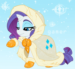 Size: 700x642 | Tagged: safe, artist:thegamercolt, rarity, g4, bedroom eyes, bow, bundled up, cloak, clothes, female, raised hoof, snow, snowfall, solo, winter, winter outfit