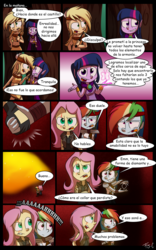 Size: 800x1280 | Tagged: safe, artist:fj-c, applejack, fluttershy, rainbow dash, twilight sparkle, fairy, equestria girls, g4, belly button, clothes, comic, dialogue, fantasy equestria, midriff, skirt, spanish, translated in the description