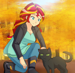 Size: 1280x1249 | Tagged: safe, artist:jonfawkes, sunset shimmer, cat, equestria girls, g4, black cat, breasts, cleavage, clothes, commission, female, human coloration, kneeling, petting, smiling, solo