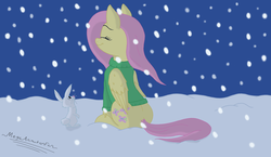 Size: 4400x2550 | Tagged: safe, artist:megaanimationfan, angel bunny, fluttershy, g4, bottomless, clothes, digital art, eyes closed, folded wings, green sweater, it's a pony kind of christmas, looking up, night, outdoors, partial nudity, pink hair, pink mane, pink tail, profile, relaxed, signature, sitting, smiling, snow, snowfall, sweater, sweatershy, yellow coat