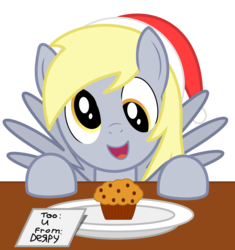 Size: 1233x1311 | Tagged: safe, artist:comfydove, derpy hooves, pegasus, pony, g4, christmas, cute, derpabetes, female, food, for you, happy, hat, looking at you, mare, merry christmas, muffin, open mouth, plate, present, santa hat, solo, spread wings, table, wings