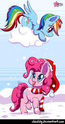 Size: 470x900 | Tagged: safe, artist:clouddg, pinkie pie, rainbow dash, earth pony, pegasus, pony, clothes, cloud, duo, hat, on a cloud, santa hat, scarf, snow, snowfall