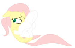 Size: 2707x1735 | Tagged: safe, artist:mr-degration, fluttershy, g4, alternate hairstyle, blushing, clothes, female, ponytail, simple background, socks, solo, transparent background, white socks