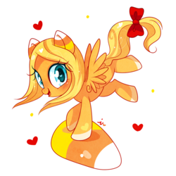 Size: 1000x1000 | Tagged: safe, artist:ipun, oc, oc only, oc:candy corn, pegasus, pony, blushing, bow, candy, candy corn, female, food, heart, heart eyes, looking at you, open mouth, simple background, smiling, solo, tail bow, transparent background, wingding eyes
