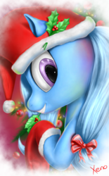 Size: 929x1500 | Tagged: safe, artist:the1xeno1, trixie, pony, unicorn, g4, bow, christmas, christmas tree, clothes, female, hair bow, hat, holly, looking at you, mare, santa hat, socks, solo, tree