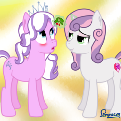 Size: 2500x2500 | Tagged: safe, artist:stargrazer, diamond tiara, sweetie belle, g4, bedroom eyes, blushing, christmas, high res, holly, holly mistaken for mistletoe, implied lesbian, older, ship:diamondbelle, shipping