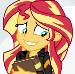 Size: 1105x1080 | Tagged: safe, edit, edited screencap, screencap, sunset shimmer, equestria girls, g4, my little pony equestria girls: friendship games, :d, awkward smile, cute, female, journey book, looking away, shimmerbetes, smiling, solo, sunedge shimmer, teeth
