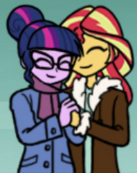 Size: 238x300 | Tagged: safe, artist:crydius, sci-twi, sunset shimmer, twilight sparkle, equestria girls, g4, cropped, cute, eyes closed, female, holding hands, lesbian, ship:sci-twishimmer, ship:sunsetsparkle, shipping, smiling