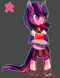 Size: 1105x1440 | Tagged: safe, artist:cherivinca, twilight sparkle, pony, g4, bipedal, book, clothes, female, school uniform, schoolgirl, solo