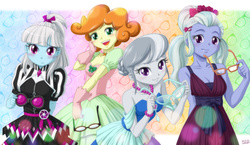 Size: 1379x800 | Tagged: safe, artist:uotapo, photo finish, scribble dee, silver spoon, sugarcoat, human, equestria girls, g4, my little pony equestria girls: friendship games, abstract background, background human, blushing, bow, breasts, cleavage, clothes, colored pupils, cute, dress, female, glasses, glasses off, gloves, hair bow, looking at you, missing accessory, moe, open mouth, photaww finish, puffy sleeves, scribblebetes, silverbetes, smiling, sugarcute, sunglasses, uotapo is trying to murder us