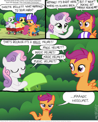 Size: 802x994 | Tagged: safe, artist:kturtle, screencap, apple bloom, scootaloo, sweetie belle, pony, g4, comic, cutie mark crusaders, helmet, looney tunes, magic, reference, wagon, what's opera doc