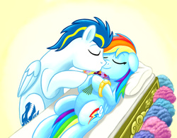 Size: 1089x843 | Tagged: safe, artist:royalrainbow51, rainbow dash, oc, oc:ford mustang, pegasus, pony, g4, canon x oc, dead, duo, fanfic art, female, flower, funeral, holding, hooves to the chest, male, mare, sad, shipping, stallion, straight, wake