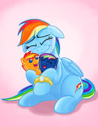 Size: 843x1089 | Tagged: safe, artist:royalrainbow51, rainbow dash, oc, pony, g4, crying, floppy ears, momma dash, mother, offspring, parent:oc:ford mustang, parent:rainbow dash, parents:canon x oc, smiling, tears of joy, trio