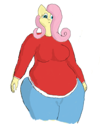 Size: 624x756 | Tagged: safe, artist:lupin quill, fluttershy, anthro, g4, bbw, breasts, chubby, clothes, fat, female, pants, solo, sweater, sweatershy