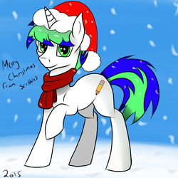 Size: 3000x3000 | Tagged: safe, artist:scribbles151, oc, oc only, oc:scribbles, pony, unicorn, 2015, christmas, day, happy holidays, hat, high res, holiday, horn, looking at you, merry christmas, santa hat, snow, snowfall, solo, unicorn oc