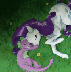 Size: 640x647 | Tagged: dead source, source needed, safe, artist:m0on13aby, edit, rarity, spike, dragon, pony, unicorn, g4, cropped, cute, eyes closed, female, lying down, male, mare, on side, ship:sparity, shipping, sleeping, straight