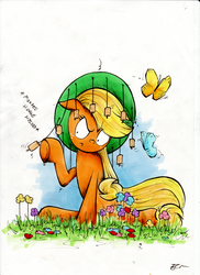 Size: 2000x2749 | Tagged: safe, artist:ecmonkey, applejack, butterfly, g4, cork, descriptive noise, female, flower, hat, high res, horse noises, solo, traditional art, unamused