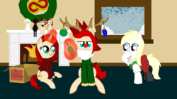 Size: 1920x1080 | Tagged: safe, oc, oc only, oc:anon, oc:aryanne, oc:red pone (8chan), oc:ruby (8chan), deer, earth pony, pony, reindeer, unicorn, /pone/, 8chan, box, christmas, christmas lights, clothes, cute, dirndl, dress, holiday, laughing, pullover, puppet, snow