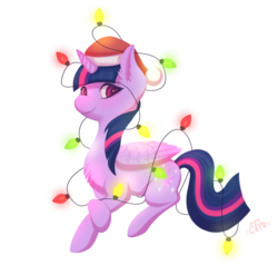 Size: 1692x1673 | Tagged: safe, artist:miss-cats, twilight sparkle, alicorn, pony, g4, chest fluff, christmas lights, female, hat, mare, prone, santa hat, simple background, solo, twilight sparkle (alicorn)