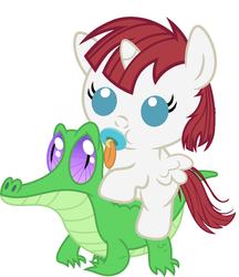 Size: 836x967 | Tagged: safe, artist:red4567, gummy, oc, oc:fausticorn, alicorn, pony, g4, alicorn oc, baby, baby pony, cute, faustabetes, fausticorn riding gummy, lauren faust, ocbetes, pacifier, ponies riding gators, recolor, riding, weapons-grade cute
