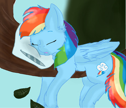 Size: 858x736 | Tagged: artist needed, safe, rainbow dash, g4, female, fluffy, leaves, nap time, pillow, sleeping, solo, tree