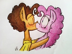 Size: 960x720 | Tagged: safe, artist:mabiesison, cheese sandwich, pinkie pie, earth pony, pony, g4, duo, eyes closed, female, kiss on the lips, kissing, male, mare, ship:cheesepie, shipping, stallion, straight, traditional art