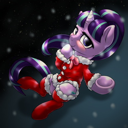 Size: 1000x1000 | Tagged: safe, artist:ushiro no kukan, starlight glimmer, g4, beautiful, blushing, christmas, clothes, cute, female, glimmerbetes, heart, hearth's warming eve, holiday, hoof heart, lidded eyes, looking at you, lying down, s5 starlight, santa costume, smiling, snow, snowfall, solo, stockings, underhoof