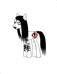 Size: 2550x3300 | Tagged: safe, artist:andrew reyes, earth pony, pony, black and white, celebrity, eyeshadow, high res, jet black hair, lipstick, makeup, marilyn manson, monochrome, partial color, pencil drawing, ponified, rock star, show accurate, simple background, solo, standing, tattoo, unamused, white background, white contact lens