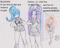 Size: 2441x1938 | Tagged: safe, artist:elgatosabio, adagio dazzle, aria blaze, sonata dusk, equestria girls, g4, clothes, disguise, disguised siren, female, football, jersey, own goal, shorts, spanish, the dazzlings, traditional art, translated in the comments, translated in the description, trio