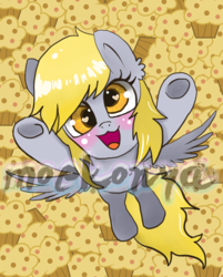 Size: 581x723 | Tagged: safe, artist:moekonya, derpy hooves, pegasus, pony, g4, female, food, hug, muffin, redbubble, shopping, solo, watermark