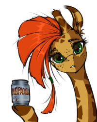 Size: 2000x2500 | Tagged: safe, artist:madhotaru, oc, oc only, oc:twiggy, giraffe, can, cyrillic, drink, high res, looking at you, meme, russian, simple background, solo, transparent background