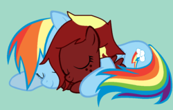 Size: 942x604 | Tagged: safe, artist:westrail642fan, rainbow dash, oc, oc:carmine cream, g4, hug, offspring, parent:rainbow dash, rainbow mom, sleeping