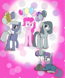 Size: 1916x2284 | Tagged: safe, artist:princessrosemcmitten, limestone pie, marble pie, maud pie, pinkie pie, g4, balloon, pie sisters, rock, siblings, sisters