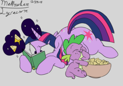 Size: 1280x895 | Tagged: safe, artist:lyracorn, artist:mellowhen, spike, twilight sparkle, alicorn, pony, g4, book, chips, chubby, fat, female, food, mare, nachos, obese, they're just so cheesy, twilard sparkle, twilight sparkle (alicorn)