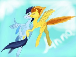 Size: 1024x768 | Tagged: safe, artist:annaart32, soarin', spitfire, pony, g4, female, lip bite, love, male, old cutie mark, ship:soarinfire, shipping, straight, thumbs up, wing hands