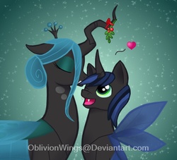 Size: 687x623 | Tagged: safe, artist:oblivionwings, queen chrysalis, oc, oc:mimicry, changeling, changeling queen, changepony, hybrid, g4, alternate hairstyle, christmas changeling, cute, cutealis, duo, female, forehead kiss, heart, holly, holly mistaken for mistletoe, interspecies offspring, kissing, mistleholly, mommy chrissy, mother and son, ocbetes, offspring, parent:queen chrysalis, parent:shining armor, parents:shining chrysalis, platonic, platonic kiss, watermark