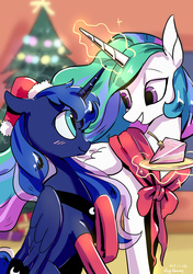 Size: 1748x2480 | Tagged: safe, artist:rocy canvas, princess celestia, princess luna, alicorn, pony, g4, blushing, cake, christmas, clothes, eye contact, female, food, hat, looking at each other, magic, mare, santa hat, sisters, smiling, socks