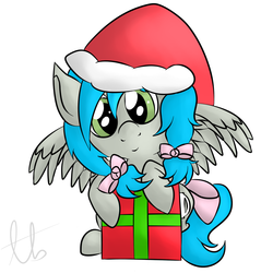 Size: 1000x1000 | Tagged: safe, artist:laptopbrony, oc, oc only, oc:darcy sinclair, bow, christmas, cute, hat, looking at you, present, santa hat, solo, spread wings