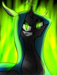 Size: 1024x1344 | Tagged: dead source, safe, artist:cinemage, queen chrysalis, changeling, changeling queen, g4, female, fire, grin, solo