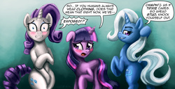 Size: 1600x818 | Tagged: dead source, safe, artist:pluckyninja, rarity, trixie, twilight sparkle, pony, unicorn, g4, make new friends but keep discord, bedroom eyes, bipedal, blushing, butt, comic, covering, dialogue, dock, embarrassed, embarrassed nude exposure, female, floppy ears, grin, gritted teeth, hilarious in hindsight, lewd, mare, naked rarity, nudity, plot, presenting, raised hoof, smiling, stupid sexy trixie, the great and powerful ass, third person, trio, trio female, unembarrassed nude female, unicorn twilight, varying degrees of want, we don't normally wear clothes, wide eyes