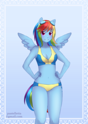 Size: 1450x2048 | Tagged: safe, artist:meltyvixen, rainbow dash, anthro, g4, belly button, bikini, breasts, clothes, female, human facial structure, pony coloring, solo, swimsuit