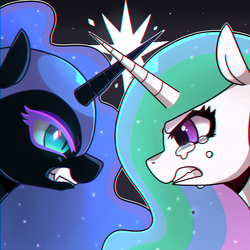 Size: 1000x1000 | Tagged: dead source, safe, artist:9seconds, nightmare moon, princess celestia, alicorn, pony, g4, angry, bust, chromatic aberration, crying, female, fight, gritted teeth, looking at each other, mare, missing accessory