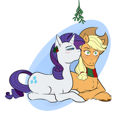 Size: 1398x1317 | Tagged: safe, artist:black-claudia, applejack, rarity, g4, clothes, female, holly, lesbian, mistletoe, scarf, ship:rarijack, shipping