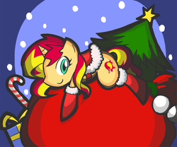 Size: 1350x1125 | Tagged: safe, artist:rvceric, sunset shimmer, pony, unicorn, g4, christmas, christmas tree, clothes, cute, female, looking at you, santa costume, shimmerbetes, solo, tree