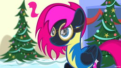 Size: 1024x576 | Tagged: safe, artist:noah-x3, oc, oc only, oc:neon flare, pegasus, pony, christmas, christmas tree, goggles, show accurate, solo, tree, winter, wonderbolt trainee uniform