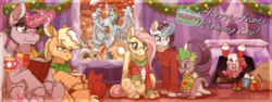 Size: 1600x602 | Tagged: safe, artist:inuhoshi-to-darkpen, applejack, discord, fluttershy, pinkie pie, rainbow dash, rarity, spike, twilight sparkle, alicorn, dragon, earth pony, pegasus, pony, unicorn, g4, book, bottomless, chocolate, christmas sweater, clothes, cup, decoration, ear fluff, feathered fetlocks, female, food, hearth's warming eve, hot chocolate, magic, male, mane seven, mane six, mare, partial nudity, pinkie being pinkie, present, scarf, scrunchy face, snow, snowball, snowfall, sweater, sweatershy, telekinesis, twilight sparkle (alicorn), unamused, unshorn fetlocks