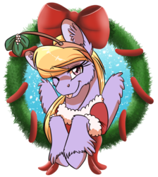 Size: 1024x1145 | Tagged: safe, artist:inuhoshi-to-darkpen, cloud kicker, fanfic:the life and times of a winning pony, g4, bow, female, hearth's warming eve, mistletoe, simple background, solo, tongue out, transparent background, unshorn fetlocks, wink, wreath