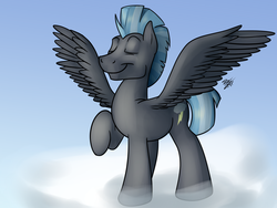 Size: 1600x1200 | Tagged: safe, artist:potes, thunderlane, pegasus, pony, g4, cloud, eyes closed, happy, male, pose, raised hoof, smiling, solo, standing on a cloud, wings